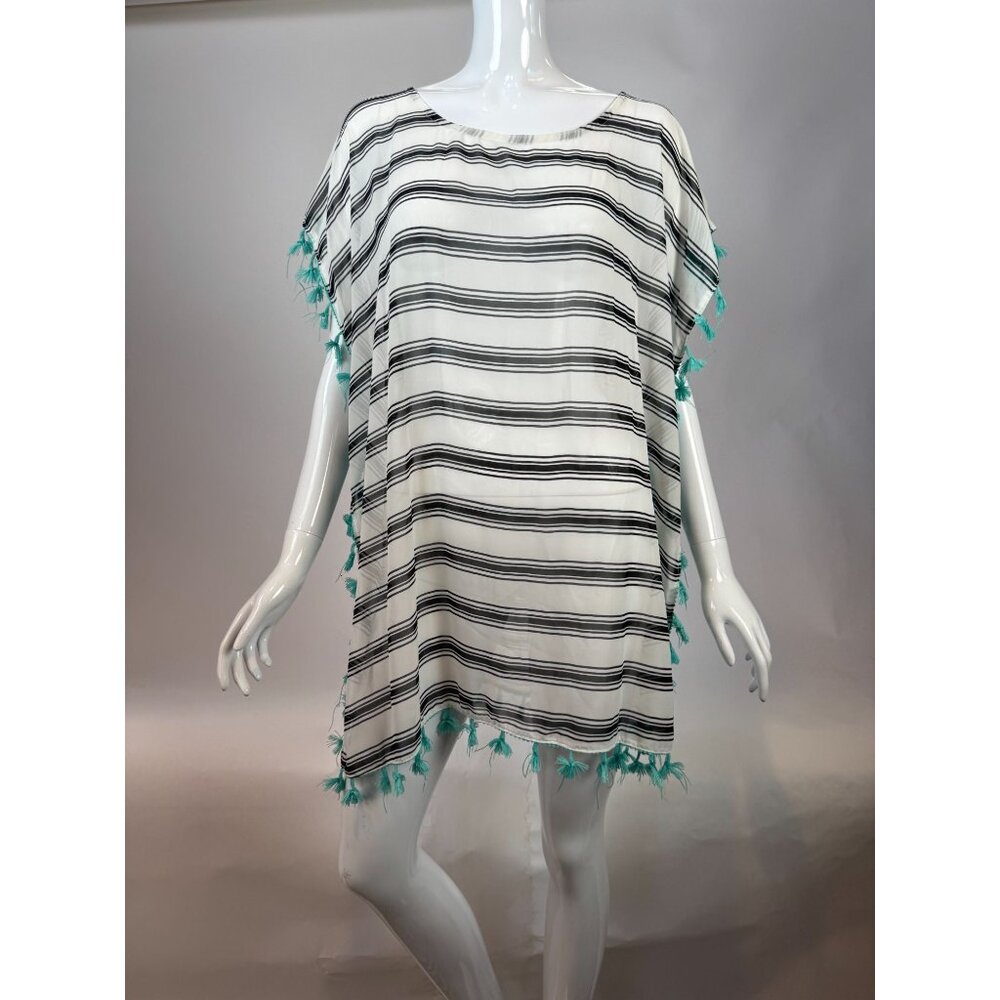 Black & White Striped Lightweight Kaftan With Tassels One Size 100% Polyester Wo
